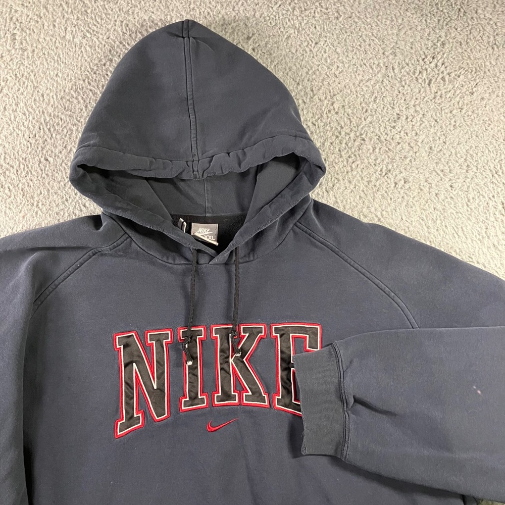 VTG Nike Center Logo Spellout Hoodie Mens XXL Faded Black Silver Tag Pullover